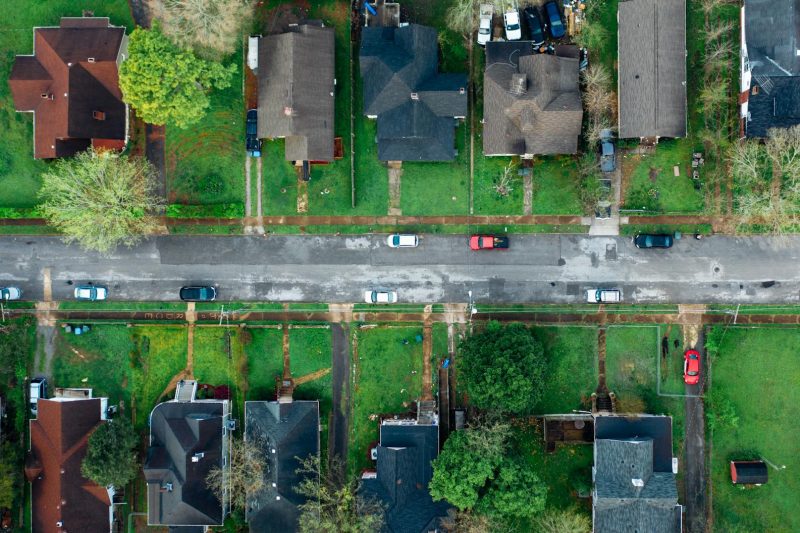 Home 3 Highangle aerial shot of a suburban neighborhood street line 1781024416